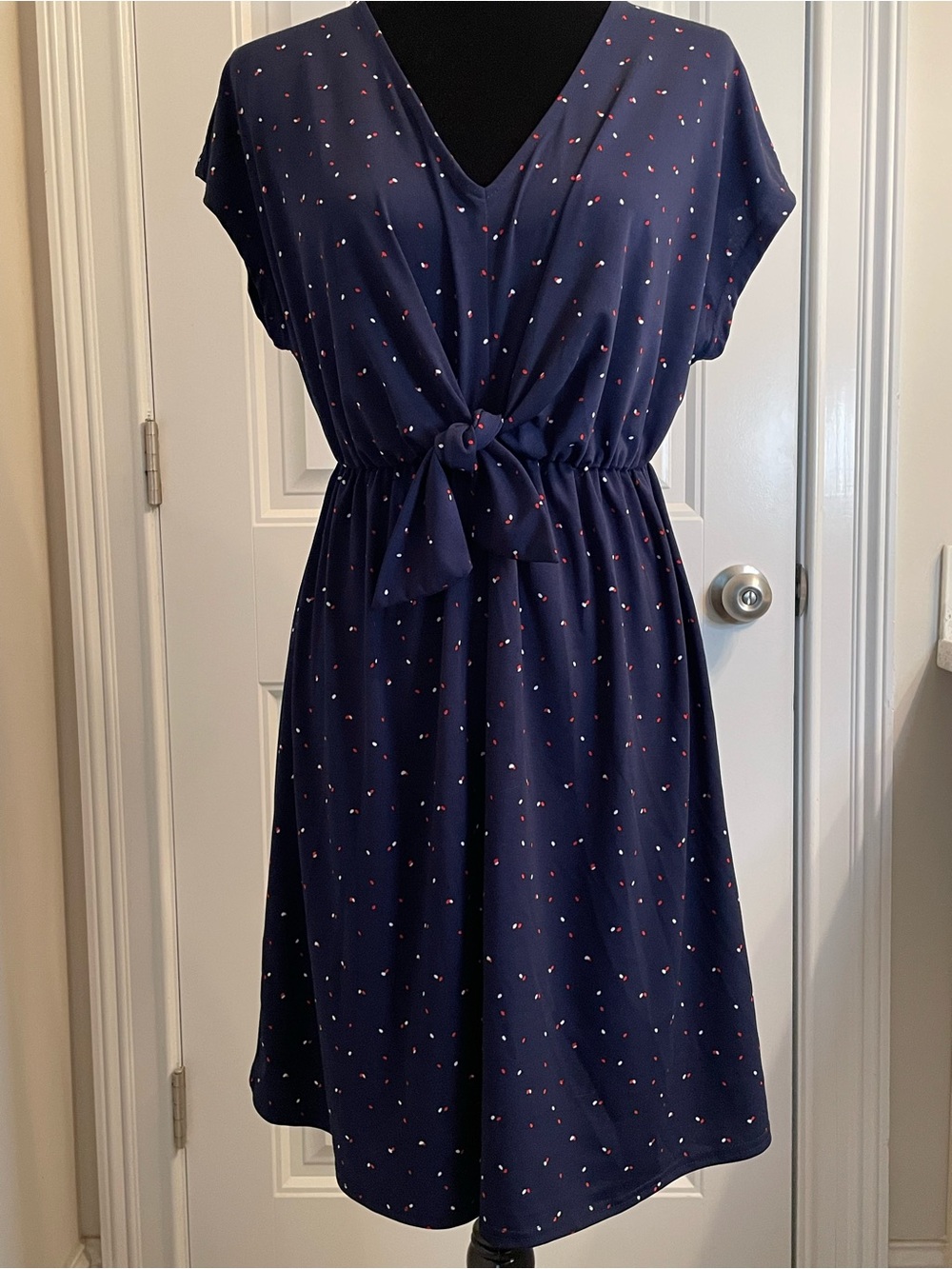Siren Lily Navy Midi Dress with red and white dots.